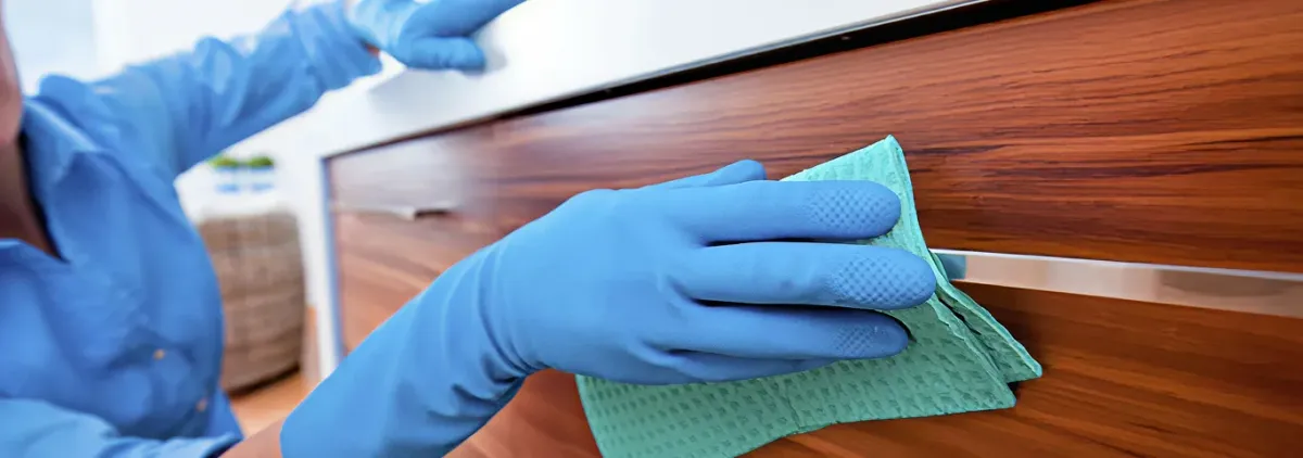 Cleaner wearing blue gloves wiping a wooden cabinet drawer with a microfiber cloth for dust and grime removal, Huntsville, AL.