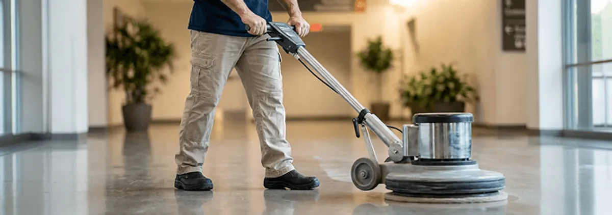 Professional technician using an industrial floor buffer to polish and maintain shiny commercial flooring in a corporate hallway in Huntsville, AL.
