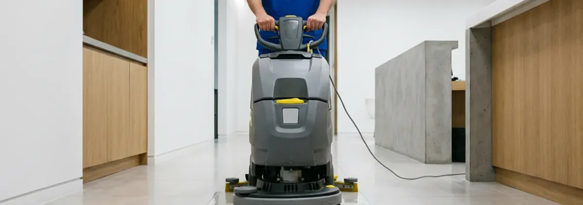 Janitorial staff using a floor scrubber machine to clean a commercial hallway, Huntsville, AL.