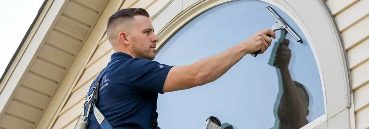 Professional window cleaner using a squeegee to clean an exterior arched window on a home, Huntsville, AL.