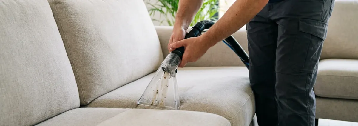 Technician extracting dirt and moisture from a fabric sofa with an upholstery cleaning wand, Huntsville, AL.